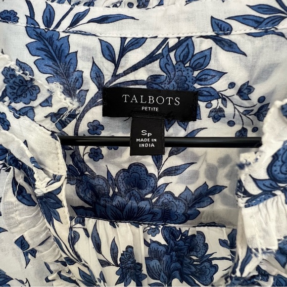 Talbots Popover Petite S Vibrant Floral Ruffle Trim Blouse Blue Coquette Cottage - Picture 6 of 11